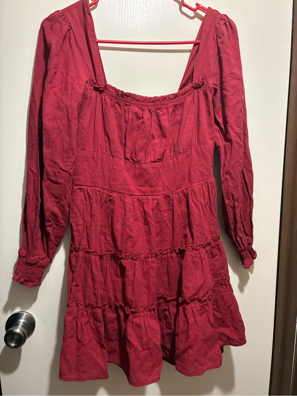 Altar'd State cranberry Red Tiered Long-Sleeve Mini Dress